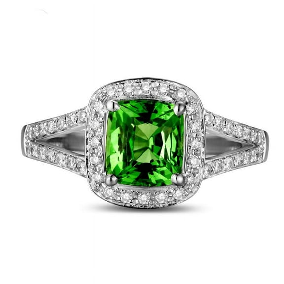 Beautiful Spilt Shank 2.05 Carat Green Emerald 7mm Cushion Cut Moissanite Diamond Halo Engagement Ring in 10k White Gold