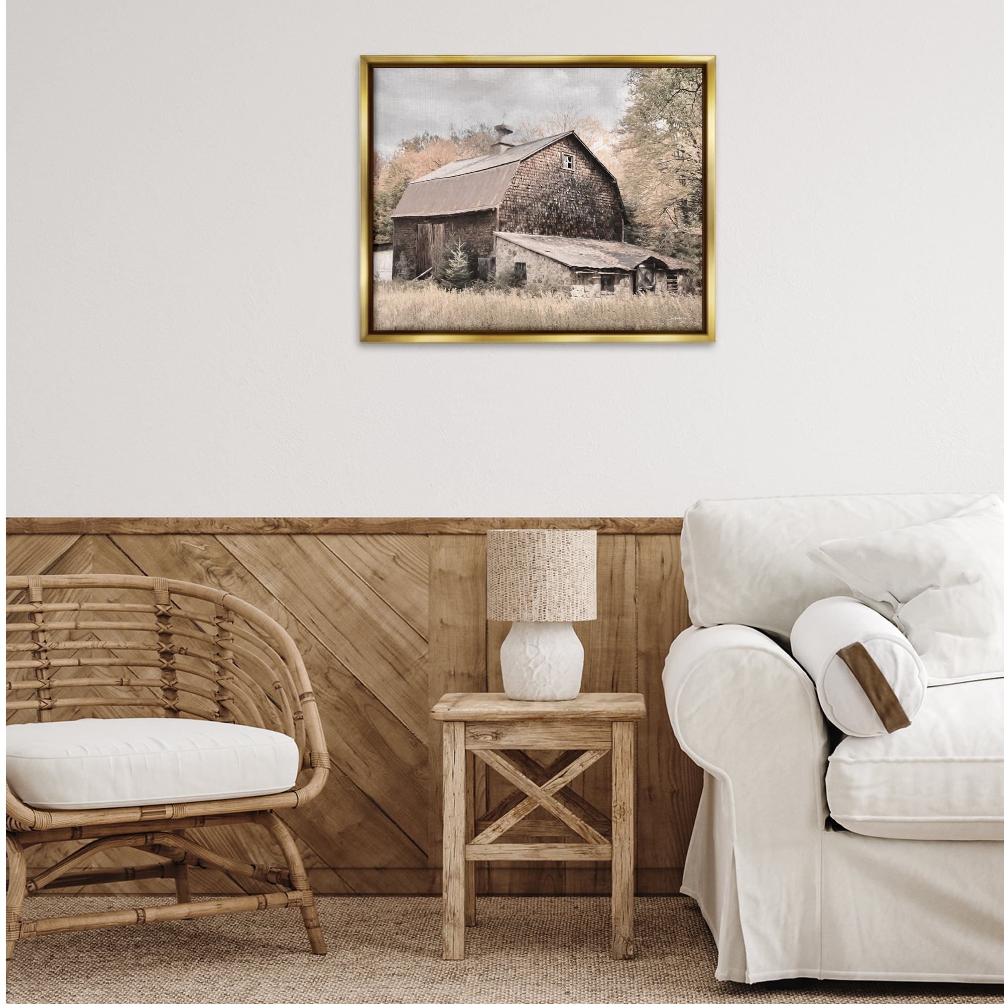 Stupell Industries Beige Rustic Barn Landscape & Nature Photography Gold Floater Framed Canvas Art Print Wall Art, 31 x 25