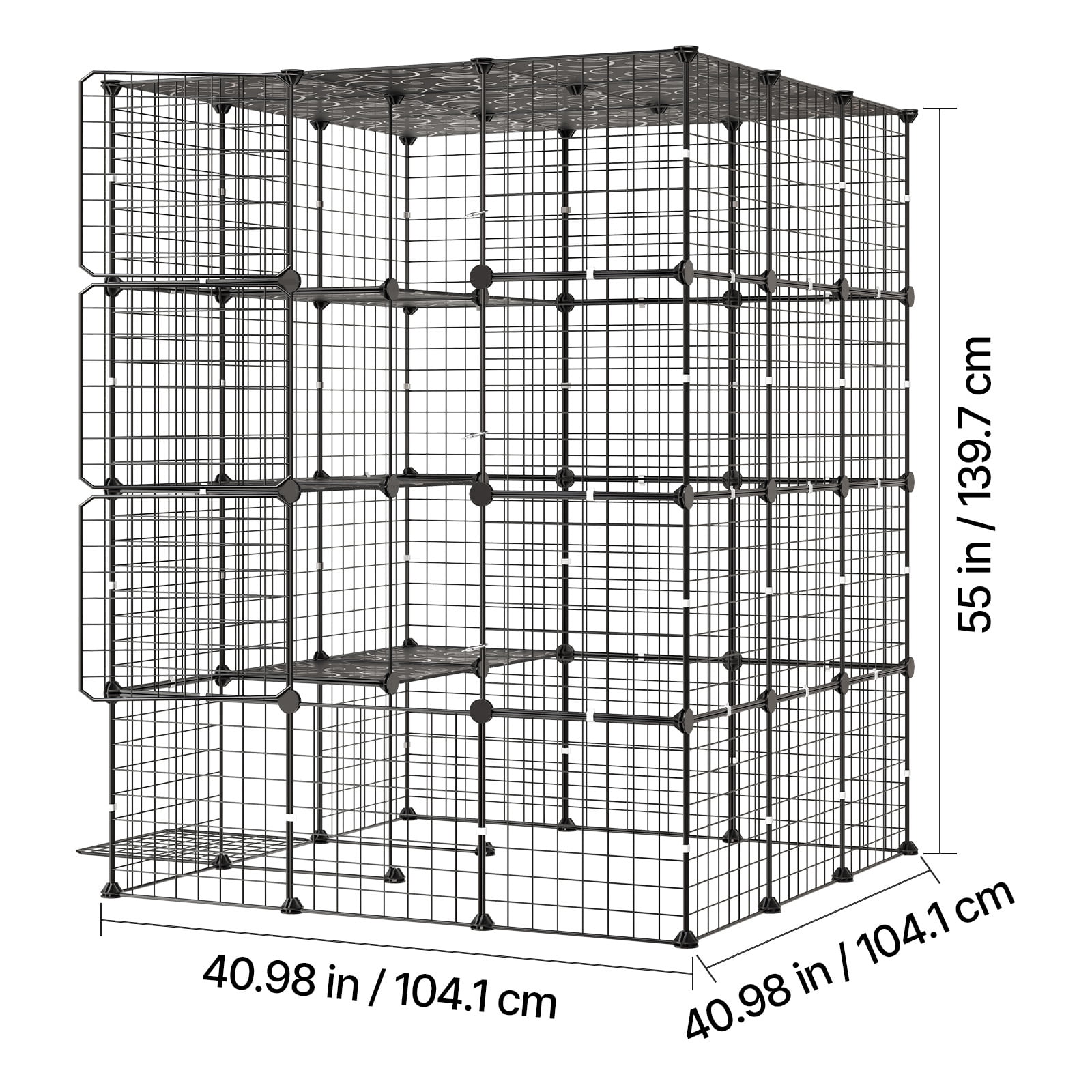 KFFKFF 4-Tier Cat Cage 40.98"x40.98"x55" DIY Indoor Playpen, Detachable Metal Wire Enclosure with 4 Doors, Spacious Exercise Area for 2-3 Cats, Kittens, or Small Pets, Black