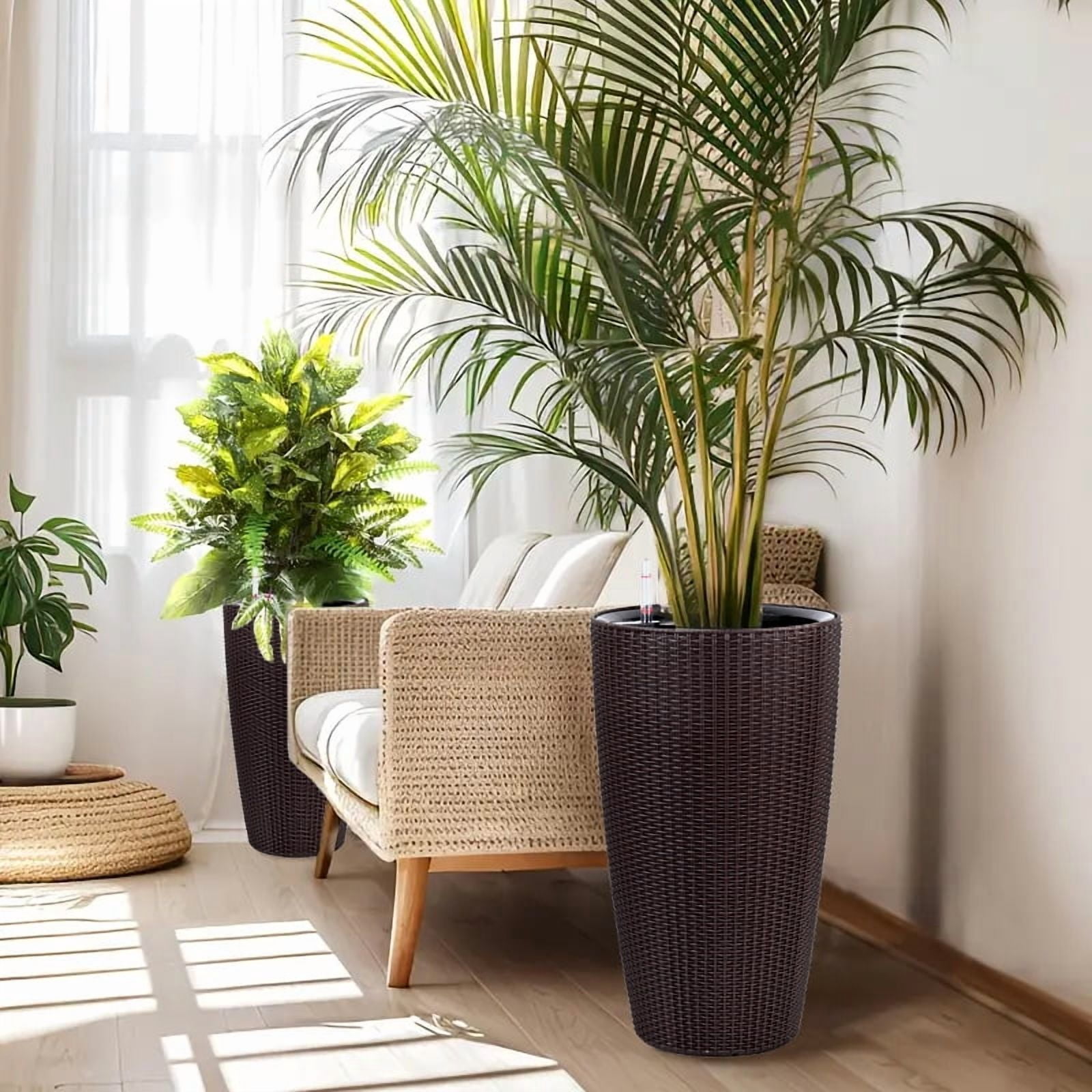 Rattan Planter, 2 Pack Large Plant Pot for Garden Balcony Patio Indoor Outdoor Plant Use, Brown
