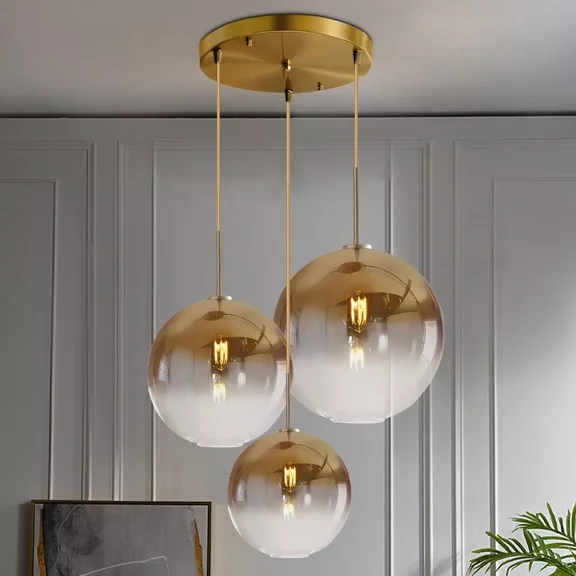 More Change 3-Globes Pendant Lights Gradient Gold Glass Hanging Light Ceiling Chandelier