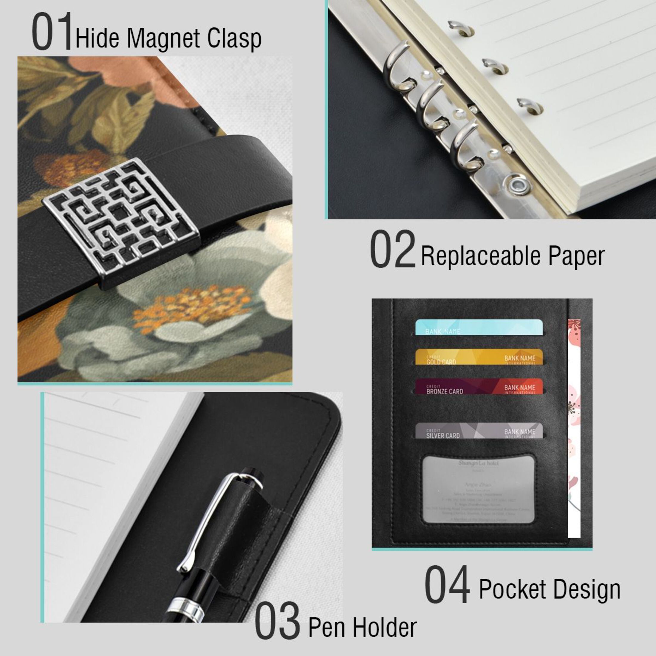 9.2x6.7 inch Leather Notebook 100 Sheets, Multi-Pocket Design & Pen Loop Vintage-inspired Floral Pattern Refillable Journal Organizer