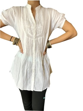 Mogul Women White Tunic Shirt, Casual Embroidered Handmade Blouse Bohemian Summer Cotton Tunic Tops M