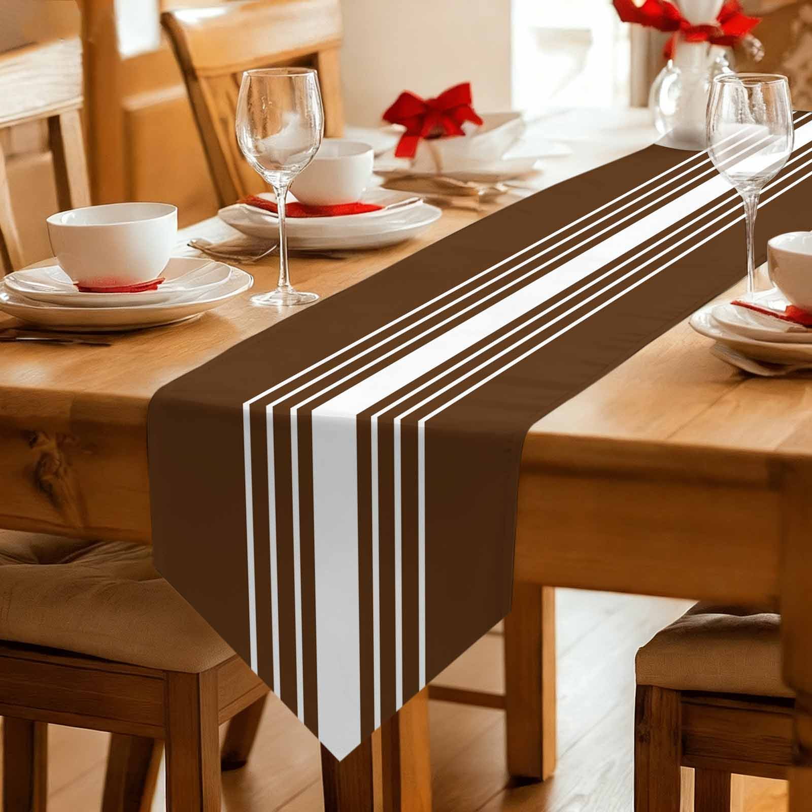 Brown White Stripe Table Runner Linen Burlap Table Runner 72 Inches Long Modern Rustic Vertical Striped Dresser Scarves for Kitchen Island Coffee Dining Room Party Holiday Decoration 14"x72"