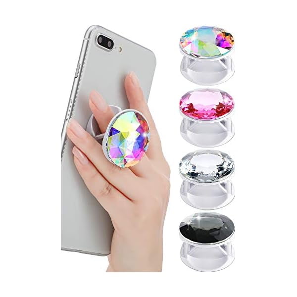 wonima11 4 Pcs Plastic Disco Crystal Phone Grip with Expanding Kickstand Adhesive Diamond Phone Holders Collapsible Foldable Finger Stand Holder for Smartphone Tablets(White, Pink, Black, Rainbow)