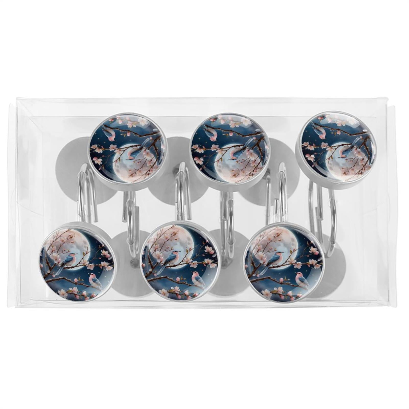 Imobaby 12 Pcs Metal Shower Curtain Hooks Rust Proof for Shower Curtain Liner - Moonlight Magpie Pink