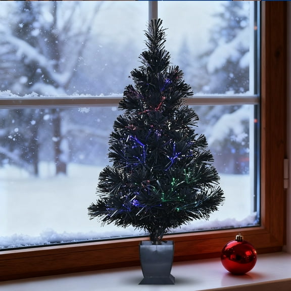 Soilhill 2.6ft Pre-Lit Fiber Optic Christmas Tree, Mini black Artificial Tabletop Xmas Tree with Colorful Lights for Home or Office Holiday Decor.