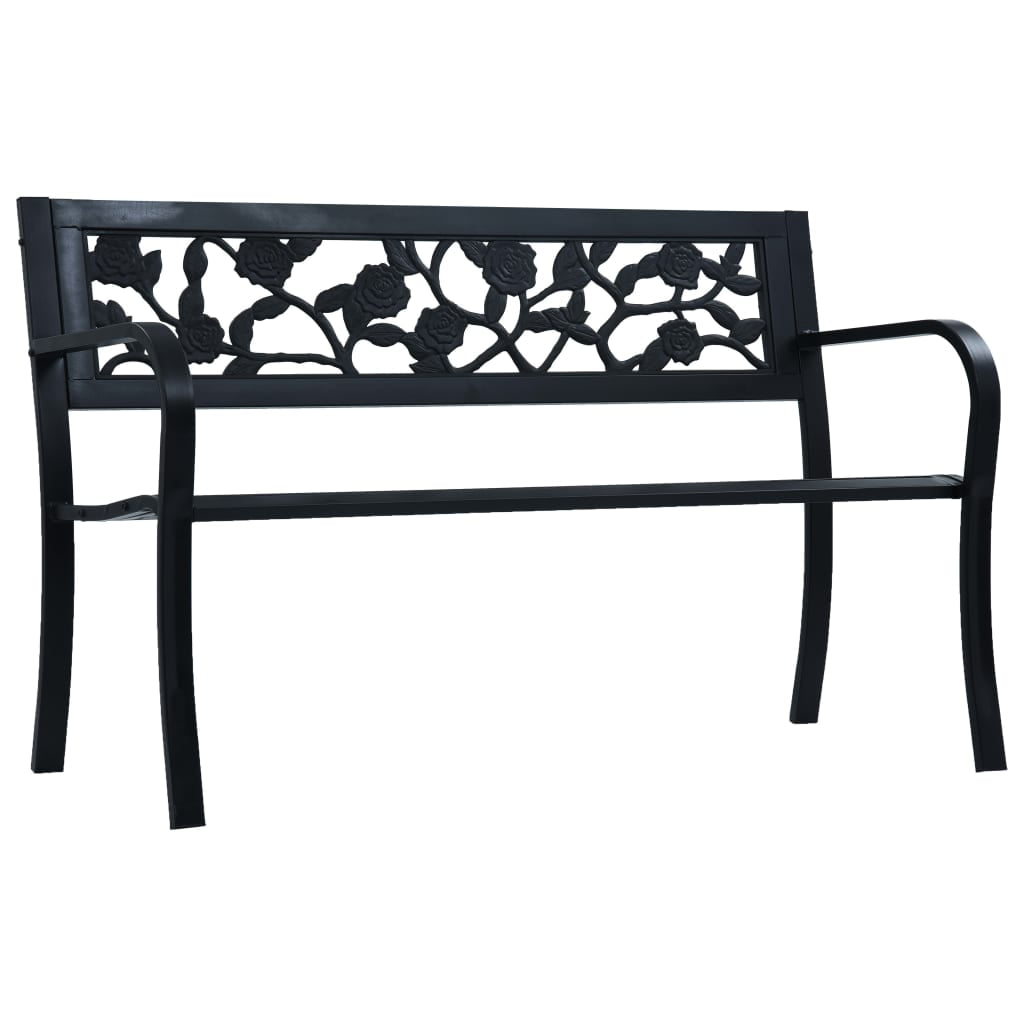 Kepooman 49" Outdoor Patio Modern Metal Bench with Rose Vine Pattern Backrest, Black Kepooman 49" Outdoor Patio Modern Metal Bench with Rose Vine Pattern Backrest, Black