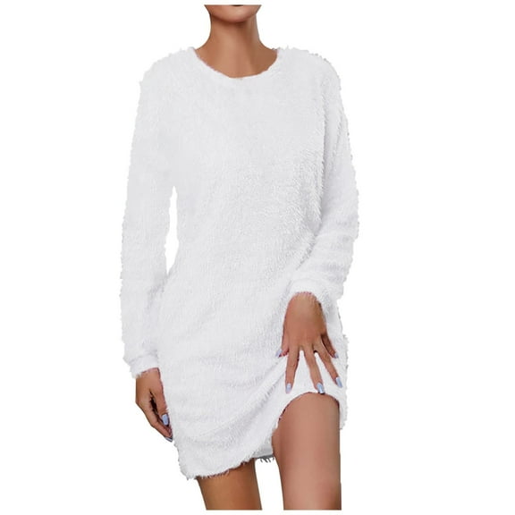 Women's Long Sleeve Crewneck Casual Pullover Cute Mini Fuzzy Sweater Dress Solid Color Loose Fit Soft Short Dress