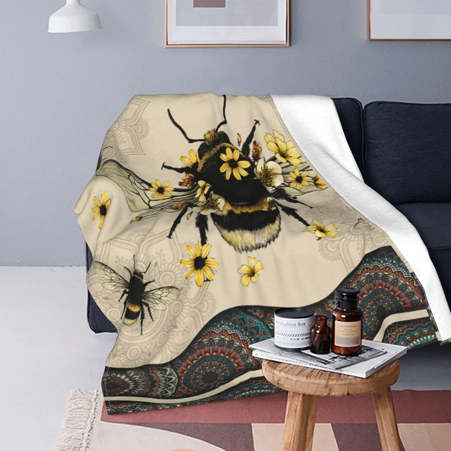Bee Blanket Bees Sunflower Decor Throw Blanket Super Warm Soft Plush Lightweight Fleece Flannel Winter Bohemia Blanket Gifts for Girls Boys Baby Kids Women Couch Bedding 50"X60"