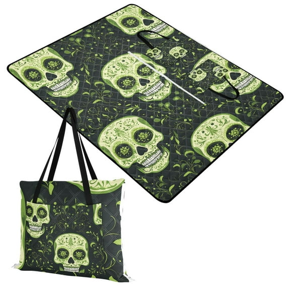 Extra Large Picnic Beach Blanket Waterproof Sand Proof Portable Outdoor Mat Green Skull and Leaves 60x80