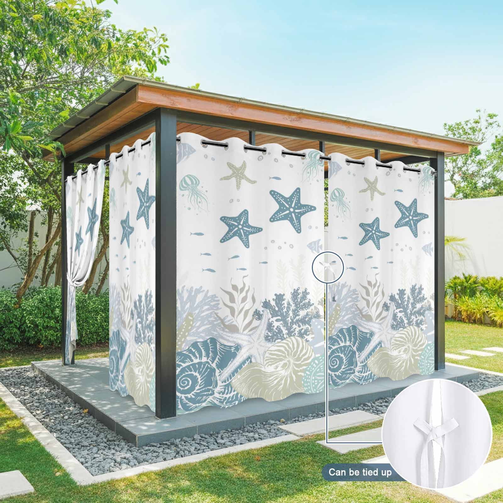 Summer Marine Life Outdoor Curtains for Patio, Watercolor Sea Fish Ocean Starfish Conch Sunshade Privacy Drapes Grommet Waterproof Outside Curtains for Porch/Cabana/Balcony 54"x 108", 1 Panel