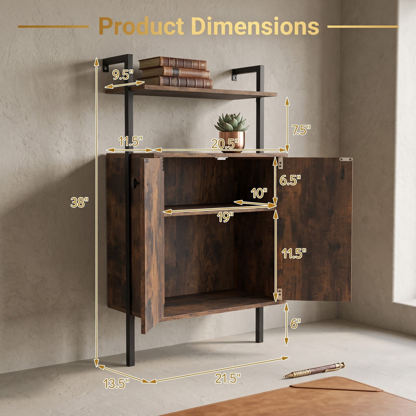 Furnibear 2-Door Wall Mount Bookshelf with Storage Cabinet, Industrial 2-Tier Open Bookcase with Concealed Cabinet, Metal Frame Wall-Mounted Storage, Rustic Brown