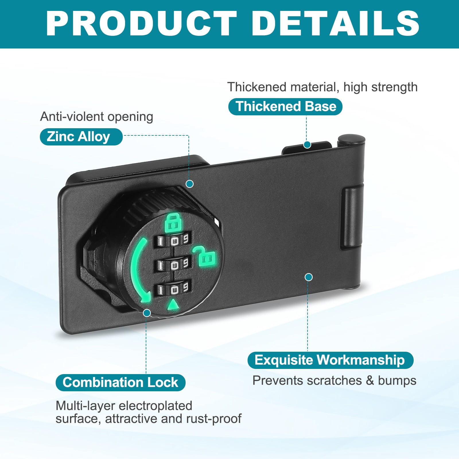 Uxcell Password Rotary Hasp Lock (4", Glow Black) (2 Pcs), Keyless 3-Digit Cabinet Locks with Combination Security Slide Latch, Suit For- Door/Closet/Barn/Bathroom/Outdoor/Garden