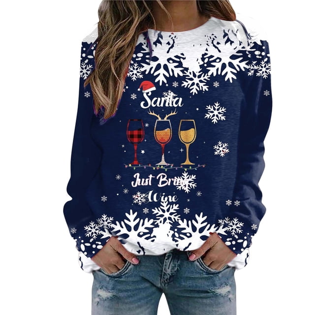 Gibobby Sudadera sin capucha y ocio para mujer, holgado a la moda, informal de casa con estampado navideño para mujer, atlético y Y2K (Azul, XL)