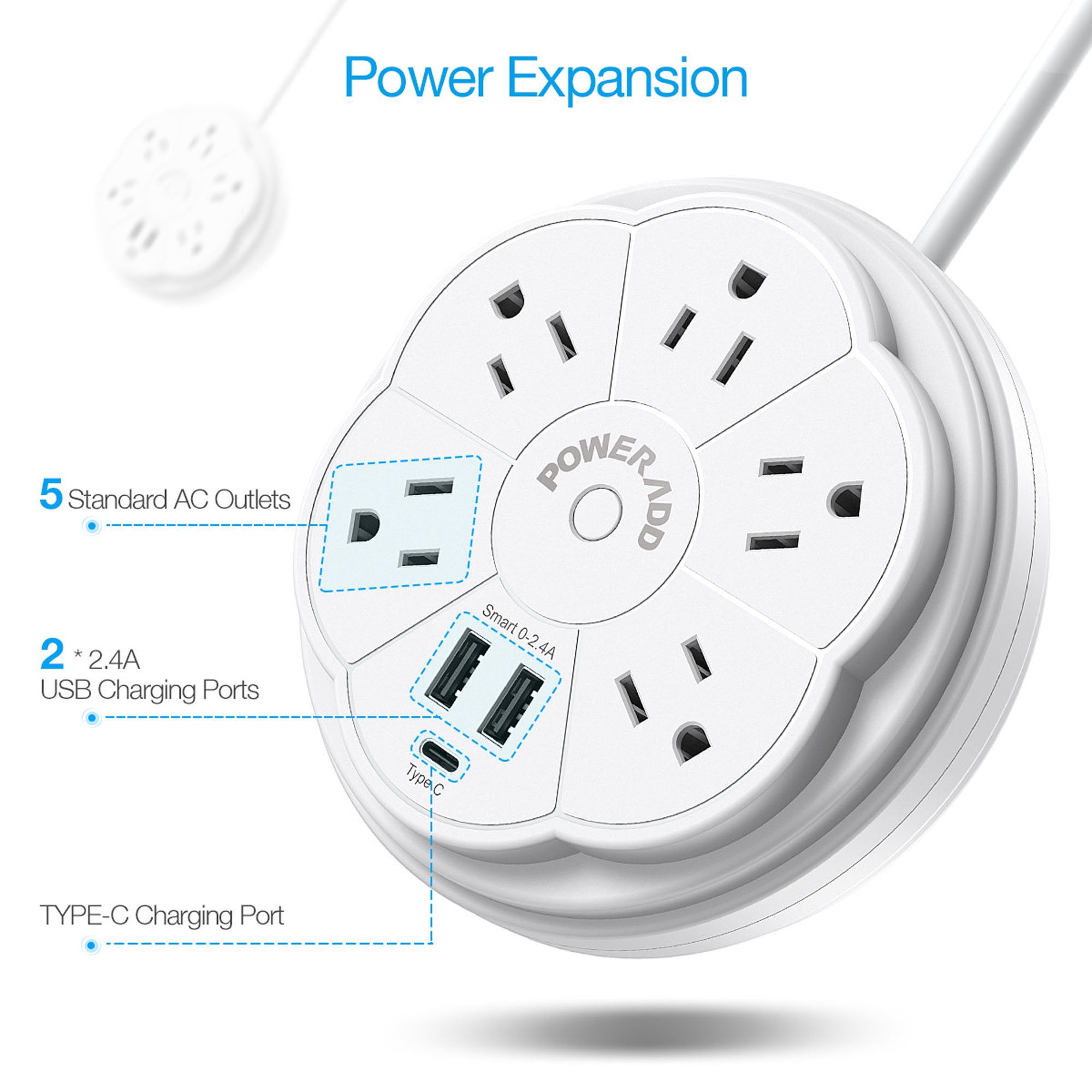 Poweradd 5 Outlet Power Strip Surge Protector with 2 USB Output Port 3.3ft Cord