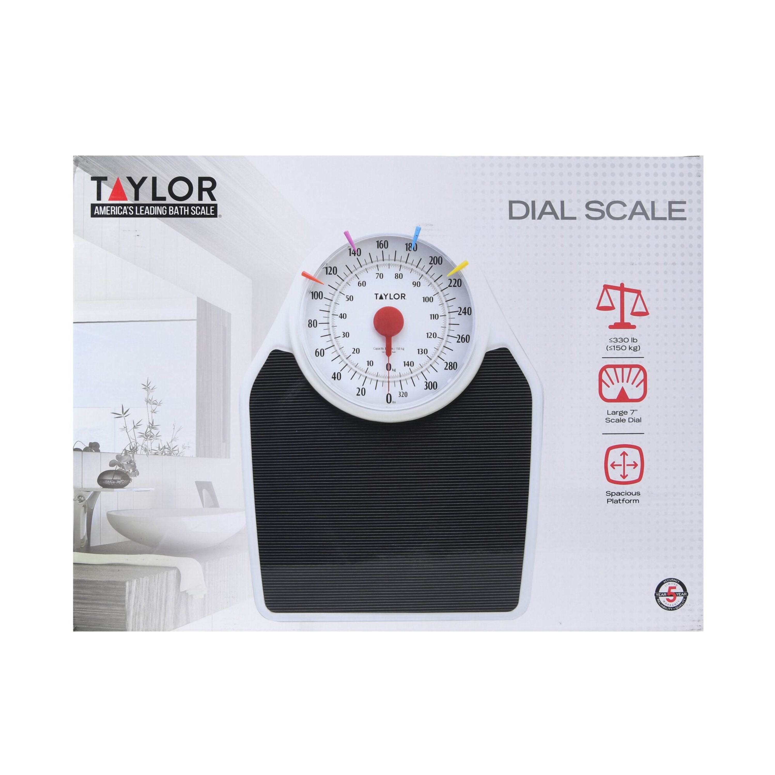 Taylor Large Analog Dial Bathroom Scale, 330 lb. Capacity