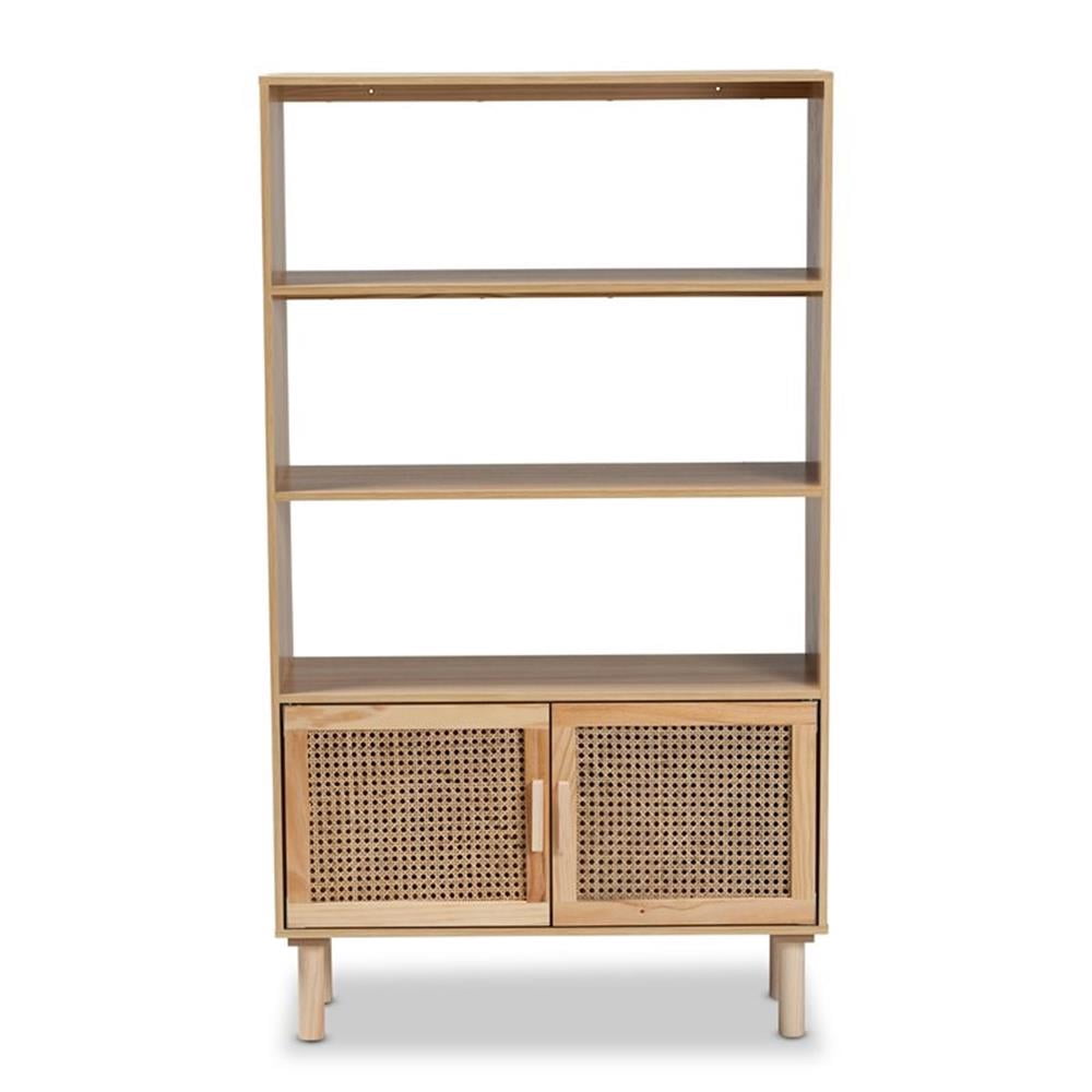 Baxton Studio Faulkner Mid-Century Modern Natural Brown Finished Wood and Rattan 2-Door Bookcase,Wholesale Interiors