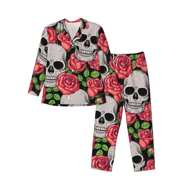 Balery Skull and Roses Pijama para Hombre de Dos Piezas con Manga Larga, Conjunto de Dormir y Descanso Suave con Bolsillos-Large