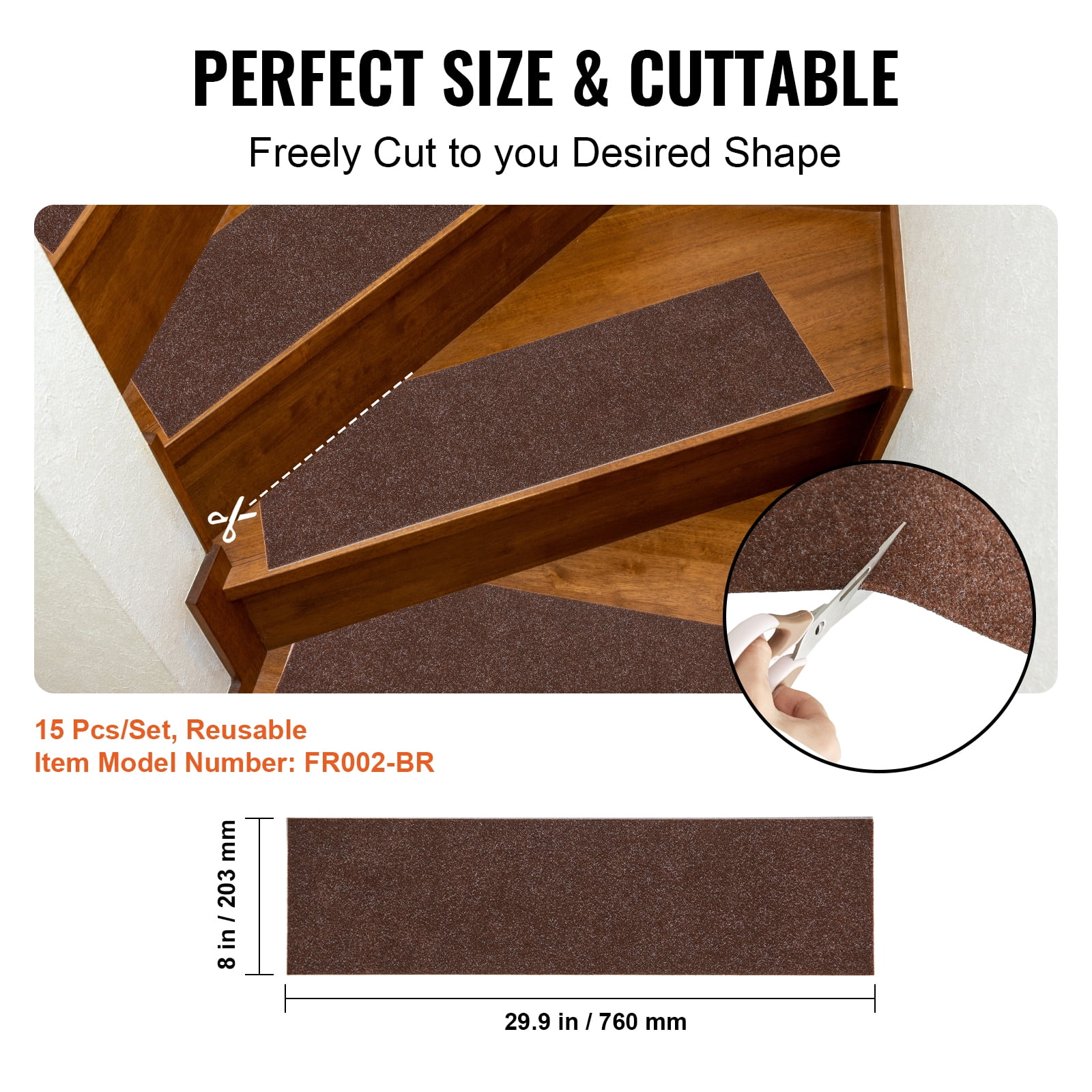 BENTISM Stair Treads 8" x 30" Stairs Carpet Non Slip 15 pcs Indoor Stair Runner for Wooden Steps, Anti Slip Carpet Stair Rugs Mats for Kids Elders and Dogs, Brown