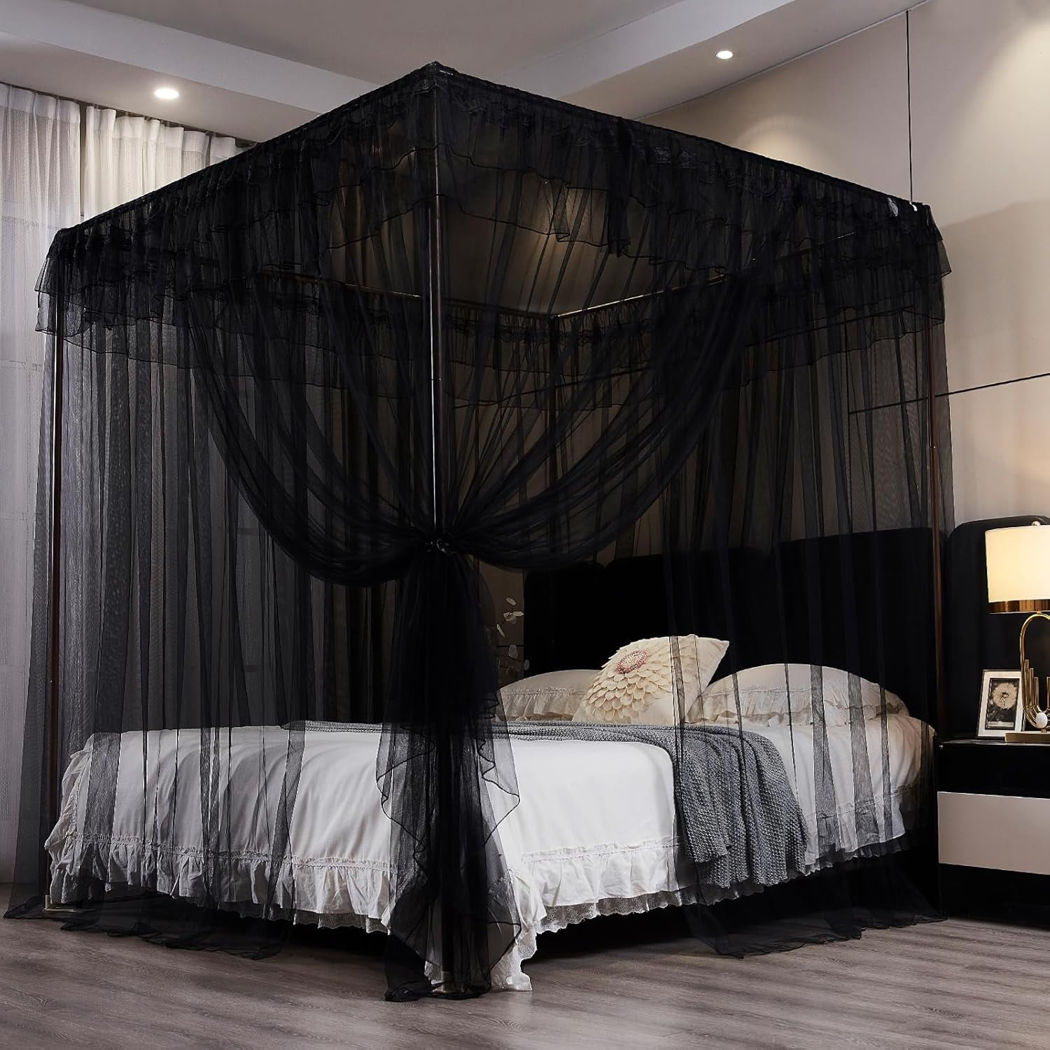 Black Canopy Bed Curtains for Girls & Adults, Queen King Bed Canopy Drapes Netting, Practical Mosquito Net for Bed (King- 86" W*78" L*82" H)