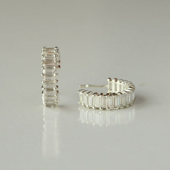 Baguette Diamond Opan Hoop Earring, Big Hoop Earrings, Prong Set Earring, 925 Starling Silver Earring, Statement Earrings, Stud Hoop Earrings