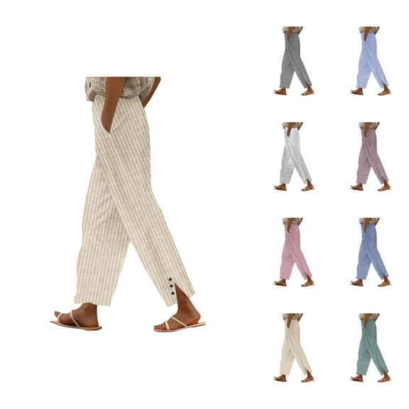 Striped Cropped Pants for Women 2026 Spring Summer Relaxed Fit Elastic Waist Straight Leg Casual Pants with Pockets
