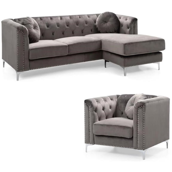 Home Square 2-Piece Set with Velvet Sofa Chaise and Chair in Dark Gray