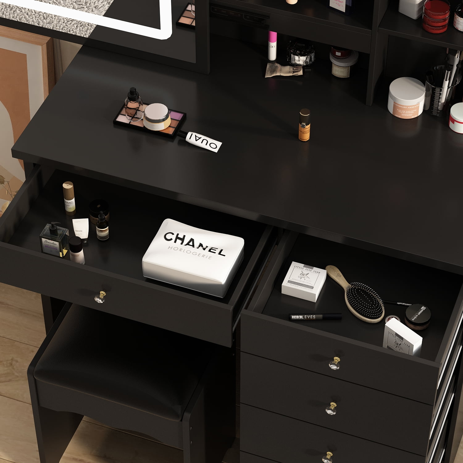 MONSLIPA Vanity Set w/Sliding Light Mirror, Makeup Vanity Table w/ Stool, Drawers & Storage Shelves for Girl Woman,Black