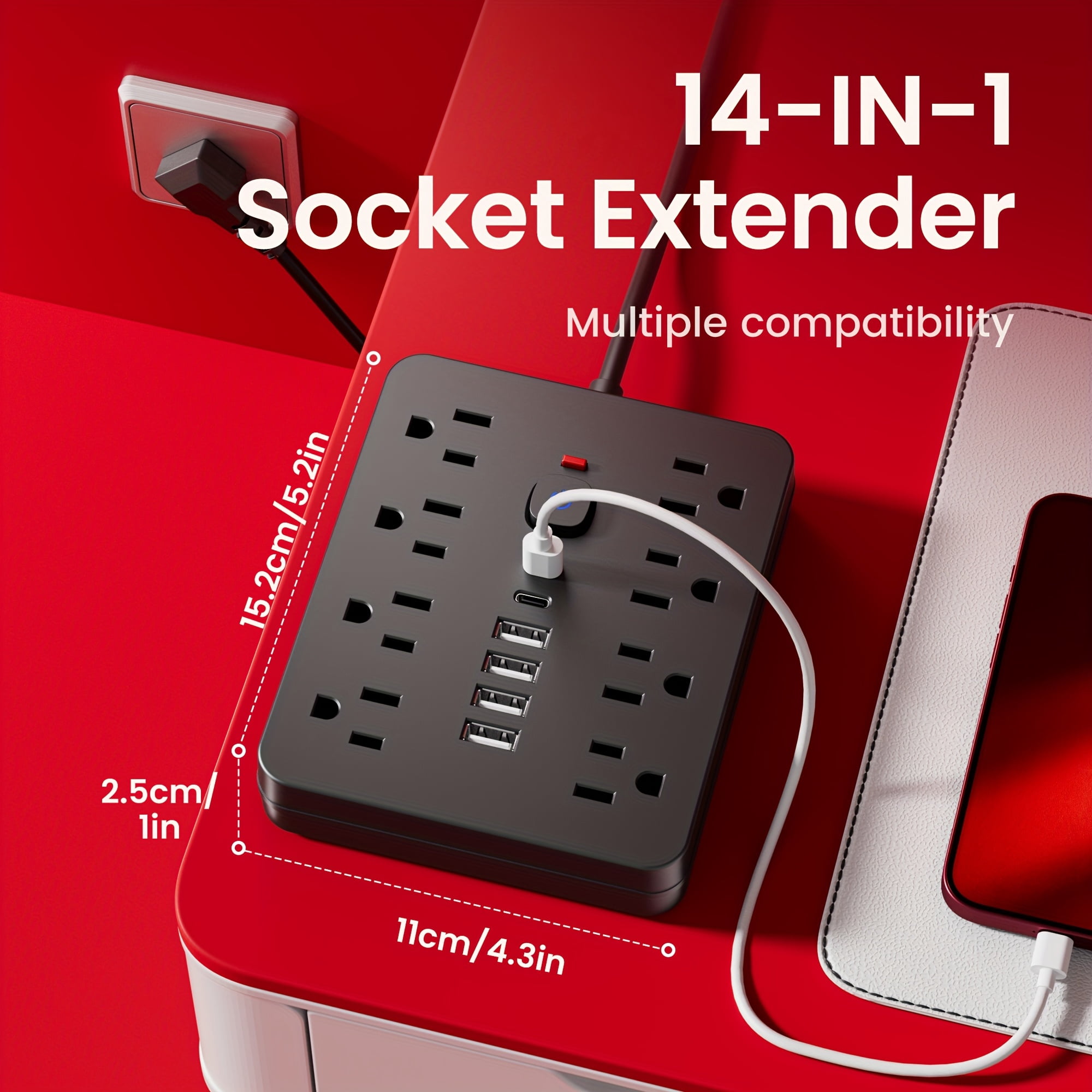 14-in-1 Power Strip with Surge Protector: 8 AC Outlets, 4 USB-A & 2 USB-C Ports, 5/10Ft Cord, Flat Plug, Wall Mount, Overload Protection for Home Office Desktop Charging