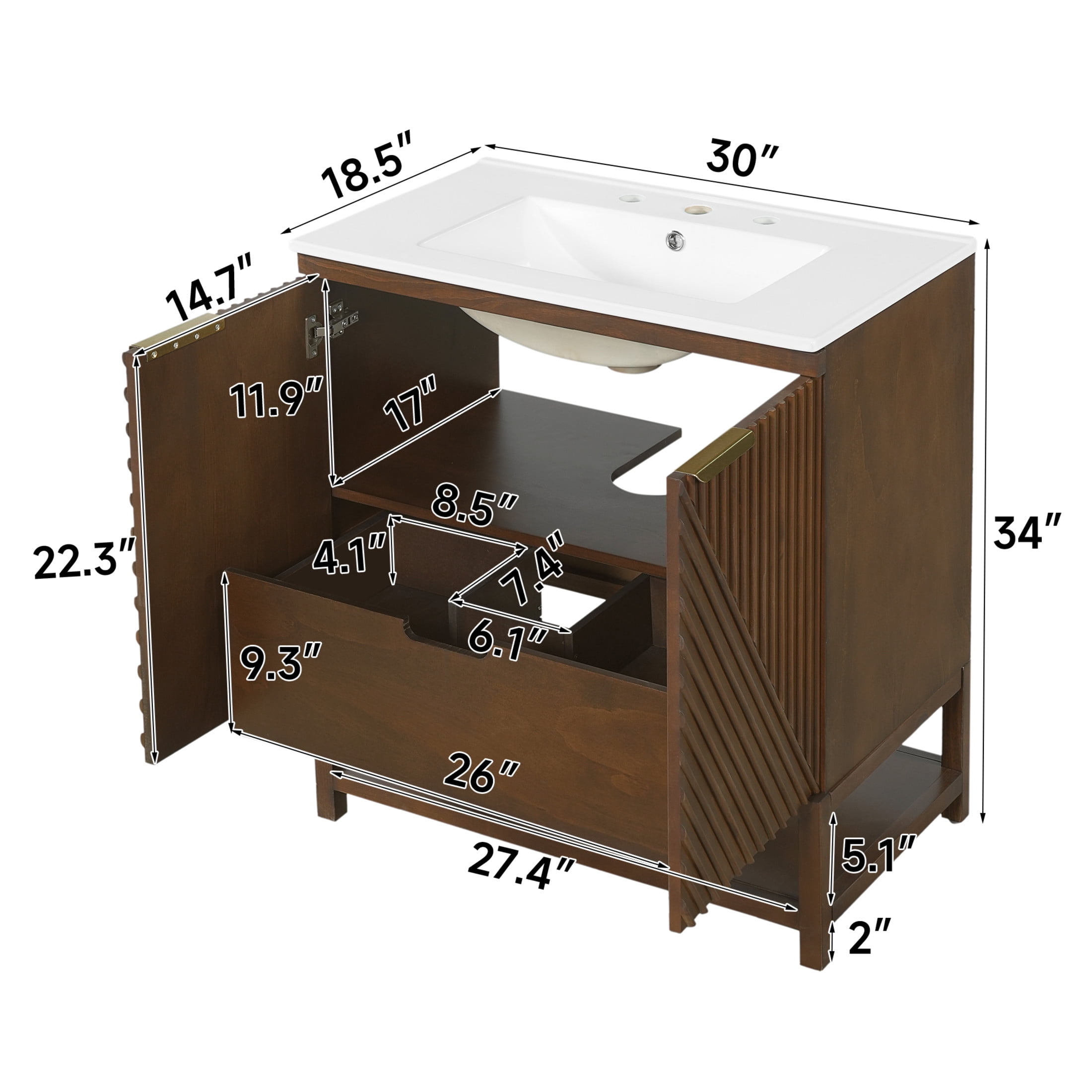Christopher Knight Home 30" Bathroom Vanity, Fluted Cabinet with Ceramic Sink, Hidden Storage, Walnut
