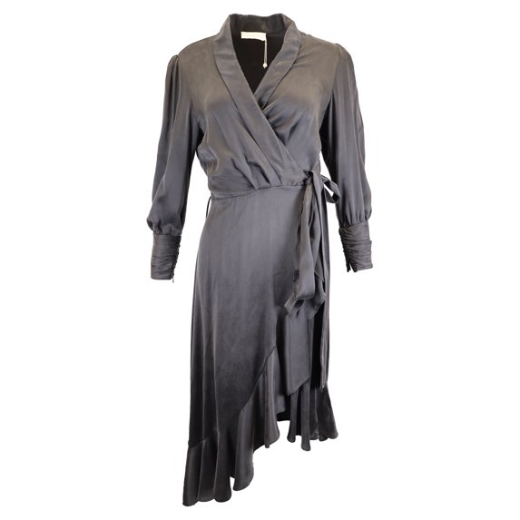 Pre-Owned Zimmermann Midi Asymmetrical Wrap Dress in Black Silk