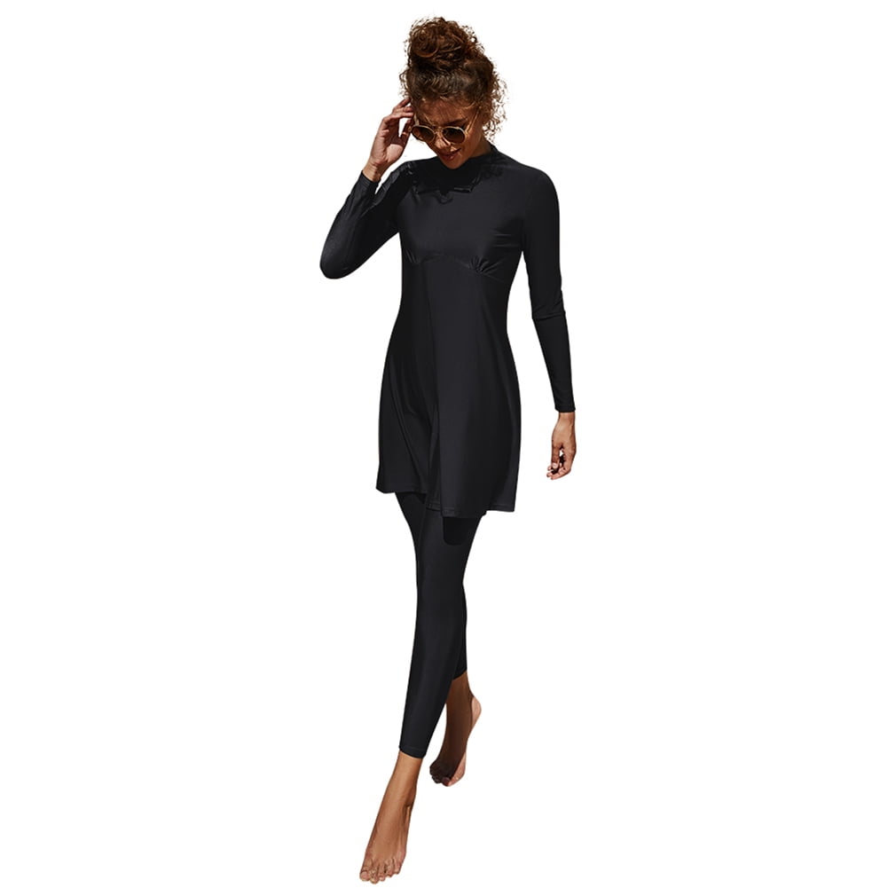 IBTOM CASTLE Women Muslim Swimsuits Modest Burkini Swimwear Islamic Long Sleeve Full Cover Swim Top Leggings Pants ​Bathing Suits L Black