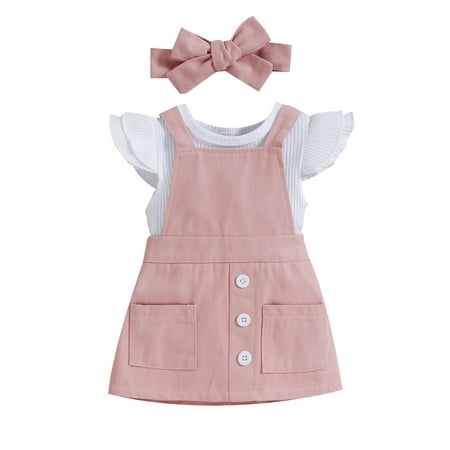 

Coduop Infant Baby Girls Clothes Sets Ruffles Sleeve Ribbed Romper Overall Suspender Skirt Headwear