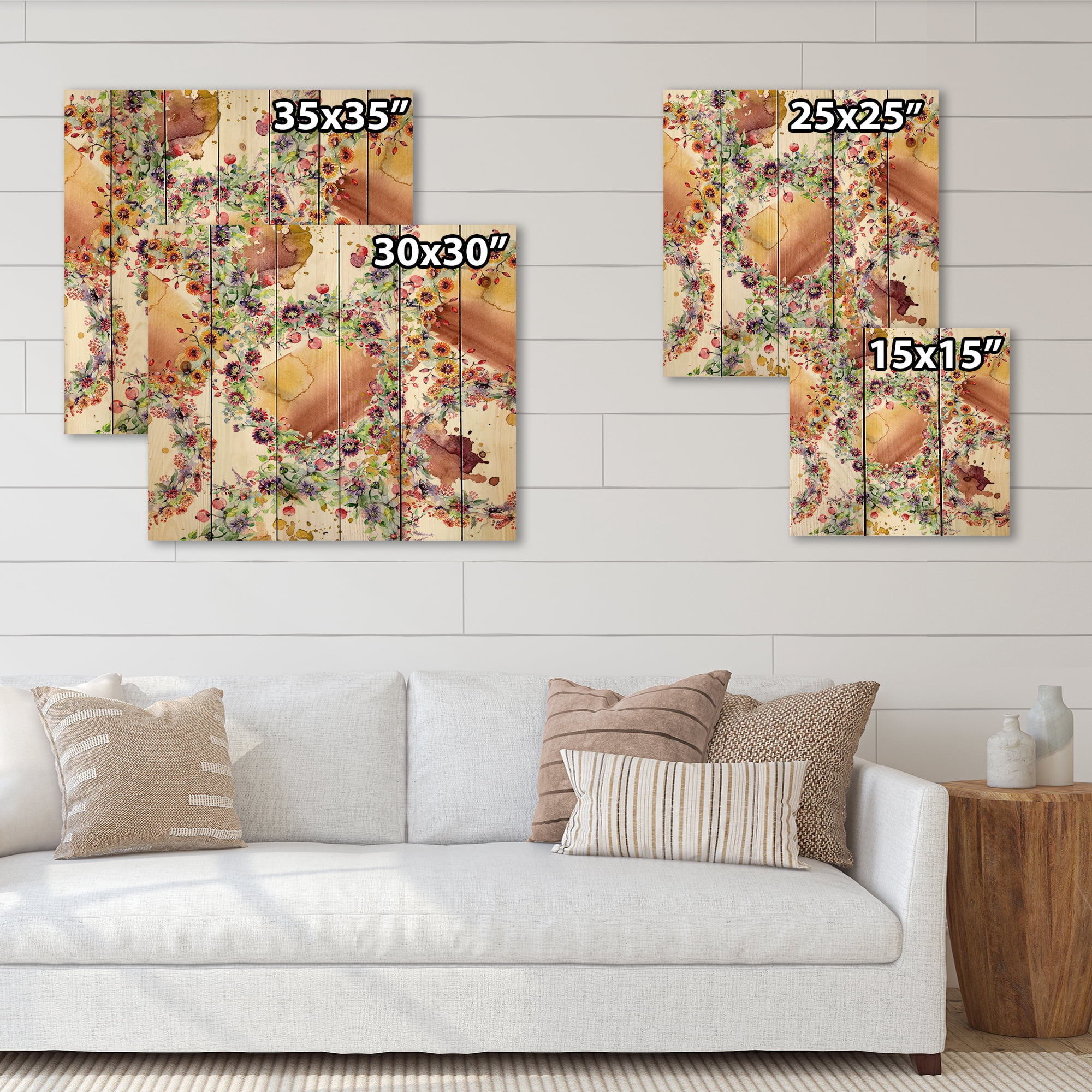 Designart 'Vibrant Wild Spring Leaves, Berries and Wildflowers' Modern Print on Natural Pine Wood