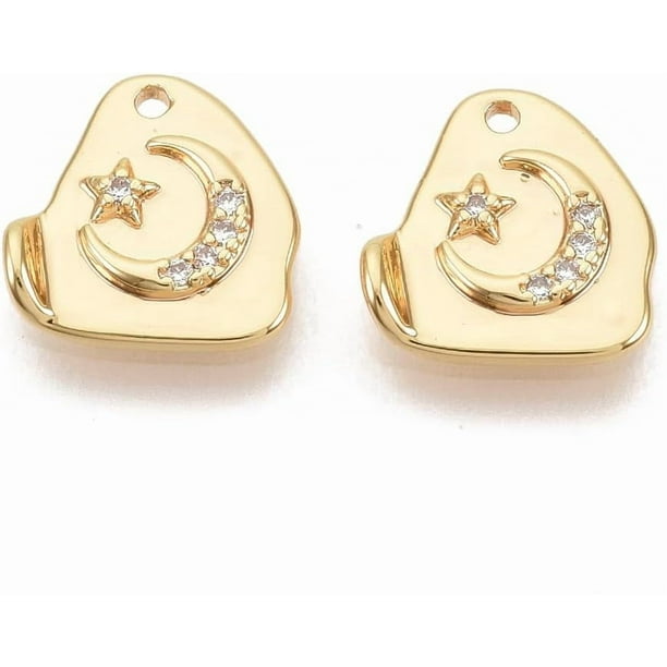 2 dijes de luna y estrella de latón con micro pavé de circonitas cúbicas transparentes, chapados en oro auténtico de 18 quilates.