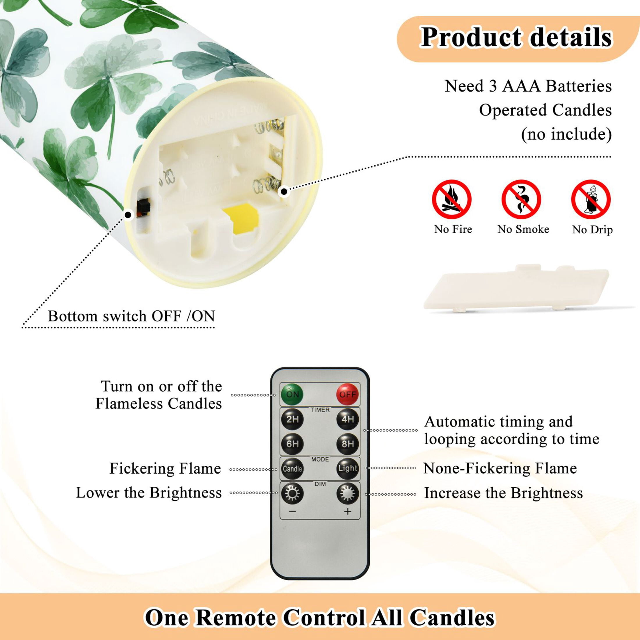Watercolor Clover St Patricks Day Flickering Flameless Candles with Remote Timer Battery Operated LED Tealight Set of 2 M