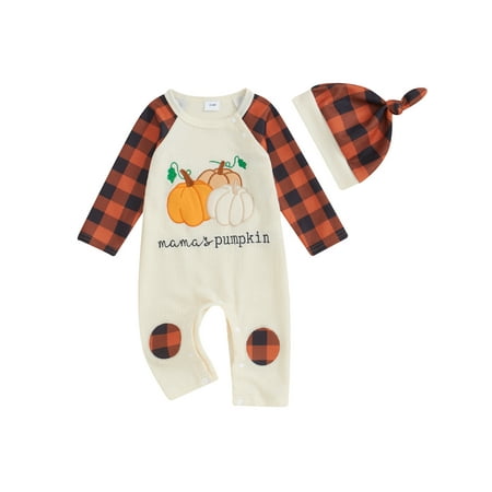 

Woshilaocai Baby Boy Halloween Romper Pumpkin Plaid Print Jumpsuit and Hat Set
