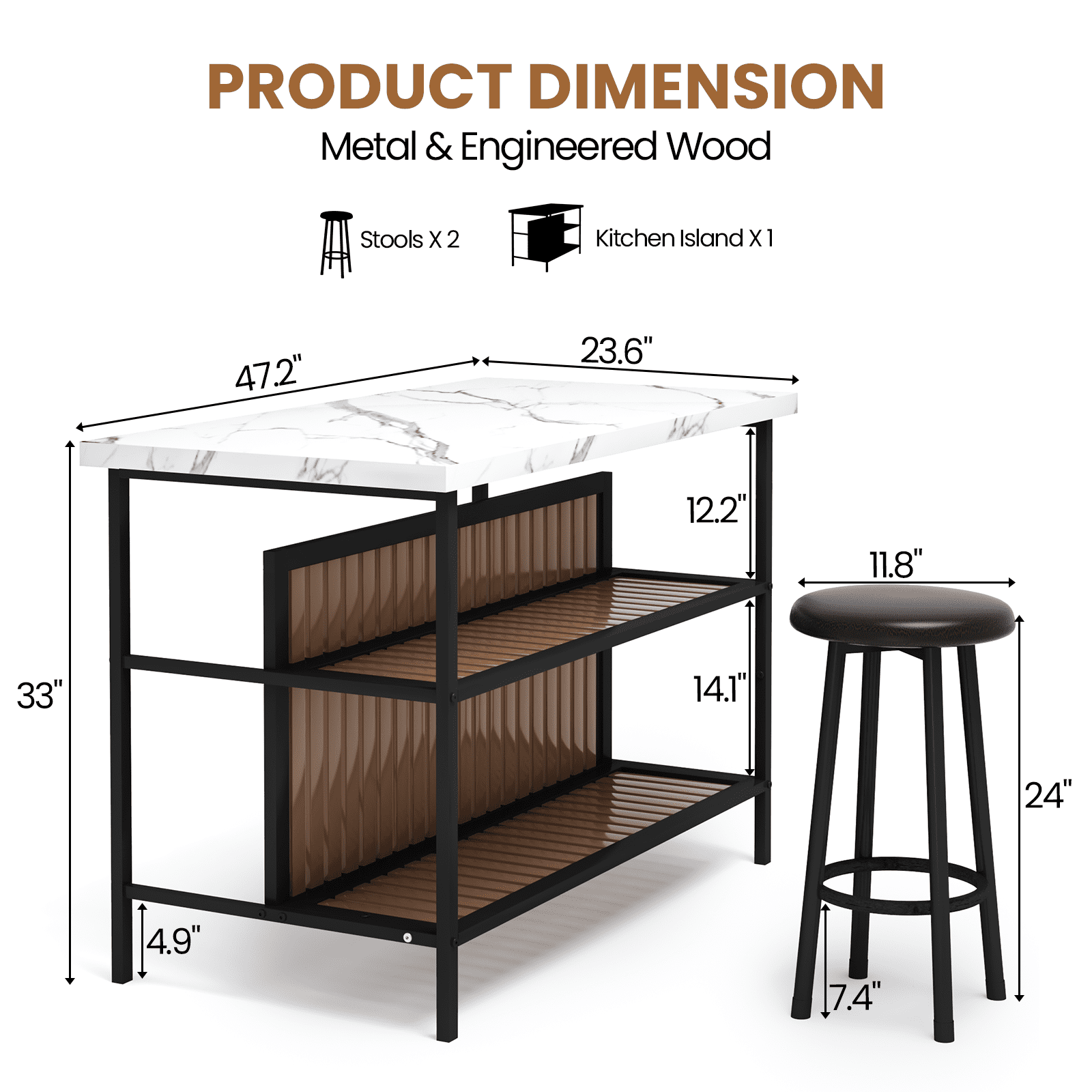 Cvortll Kitchen Island with Seating and Storage, 47.2" Wooden Counter Height Bar Table with 2 Stools, Space Saving Dining Table Set for Small Apartment or Bistro, White