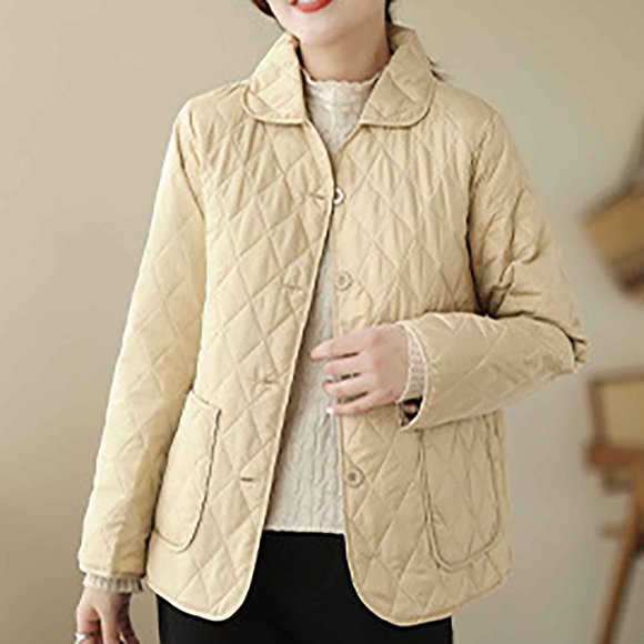 cllios Womens Stand Collar Quilted Jackets Short Padded Coat SLong Sleeve Puffer Jacket Baggy Snap Zipper Puffer Coat Casual Warm Outerwear Tops with Pockets