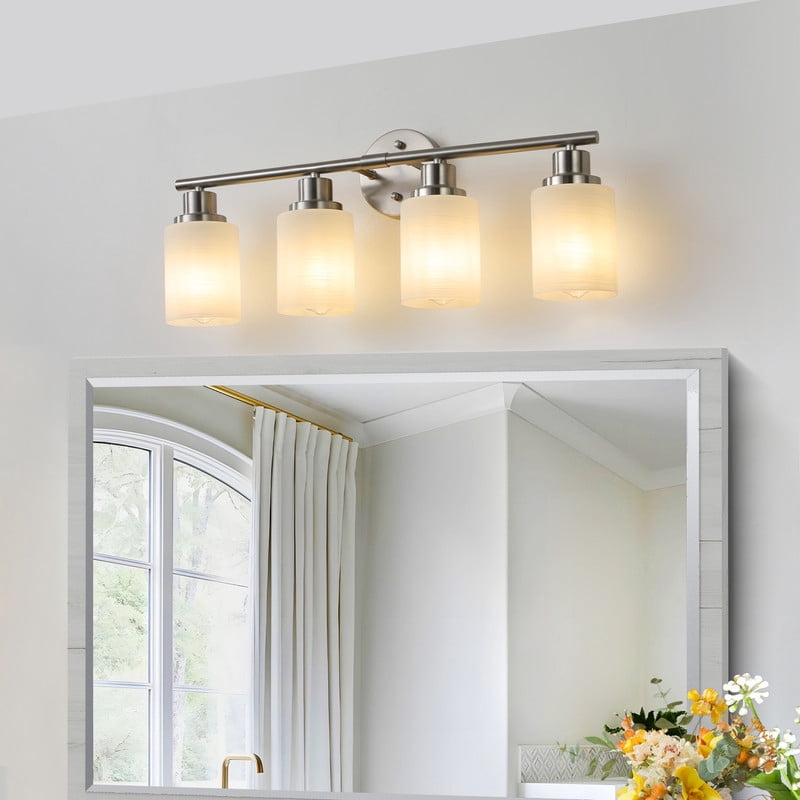 24" Modern 4-Light Vanity Wall Sconce, Brushed Nickel Finish with Frosted Glass Shades for Bathroom or Hallway Lighting (No Bulbs)