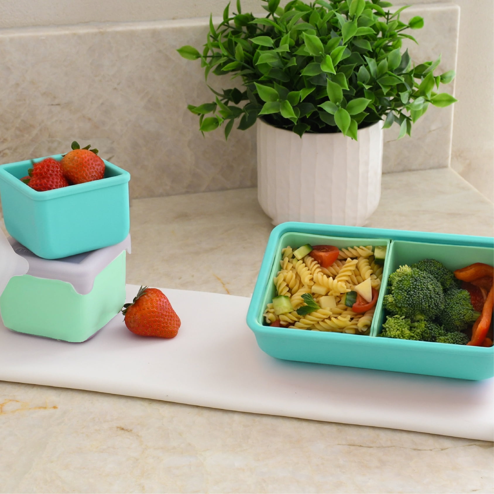 Melii Silicone Bento Box Food Storage Container with Removable Compartments, Blue Mint