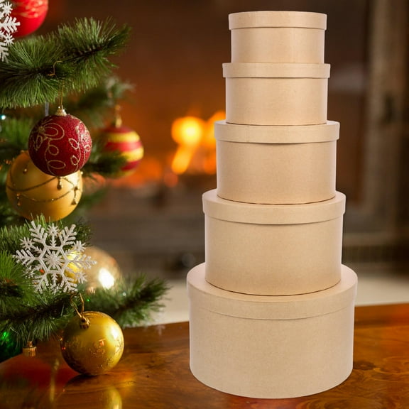 HEMOTON Kraft Paper Gift Boxes for Storage Use Khaki Round Shape 1 Set 5 Pieces 6.3 Inches