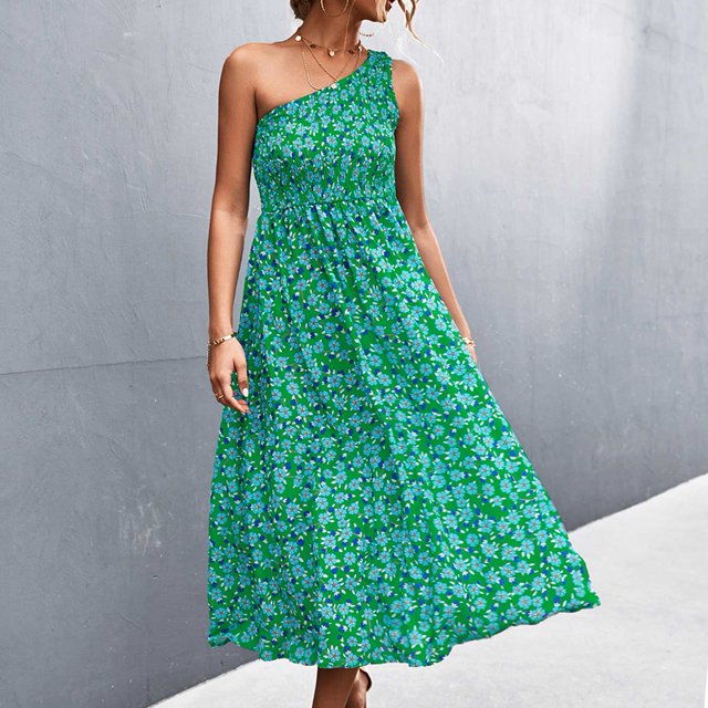 Vestido NikouMX Floral Sin Mangas Un Hombro Fruncido Midi