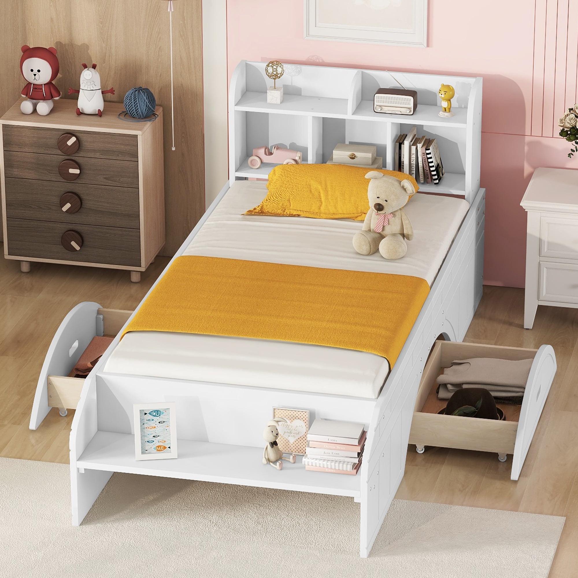 Euroco Pine Wood Storage Platform Bed with 2 Drawers and Shelves, Twin Size for Kids Teens, Green
