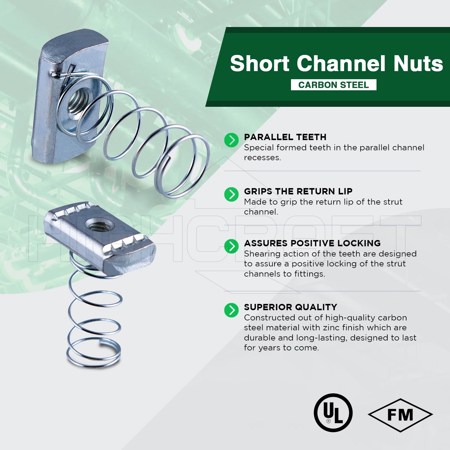 Highcraft 1/4” x 1-3/8" Threaded Strut Channel Nuts w/ Short Spring, Steel, 50 Pk