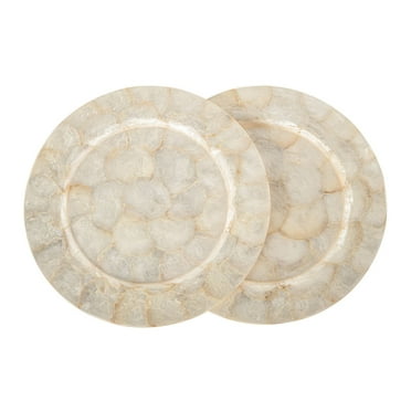 KOUBOO Round Capiz Seashell Charger Plates, Ivory-Gold-Plearlescent Rustic Water Hyacinth Decorative Charger Plater, Wedding, Party (Set of 2) 13 In