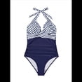 thumbnail image 1 of Trajes de Baño de una Pieza con Control de Abdomen para Mujer, Trajes de Baño Push Up con Cuello Halter Azul y Rayas S, 1 of 8