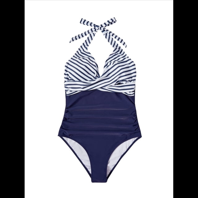 Trajes de Baño de una Pieza con Control de Abdomen para Mujer, Trajes de Baño Push Up con Cuello Halter Azul y Rayas M