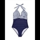 thumbnail image 1 of Trajes de Baño de una Pieza con Control de Abdomen para Mujer, Trajes de Baño Push Up con Cuello Halter Azul y Rayas XL, 1 of 8